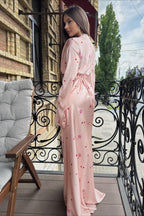 Satin Floral V Neck Flared Hem Maxi Dress