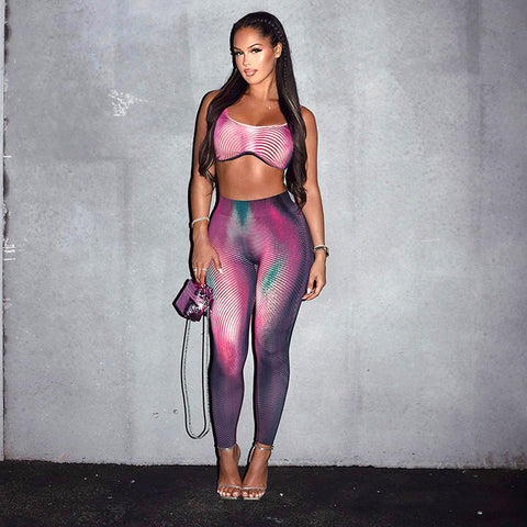 Modisches Sport-Set mit Texturdruck, Tanktops mit quadratischem Ausschnitt, Skinny-Bleistift-Yoga-Freizeithosen, Fitnesskleidung für Damen – trendiges Activewear-Set 