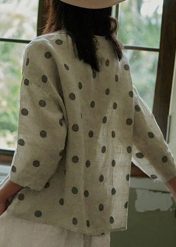 Blusa de lino con cuello redondo y lunares de jacquard para mujer, con mangas de pulsera 