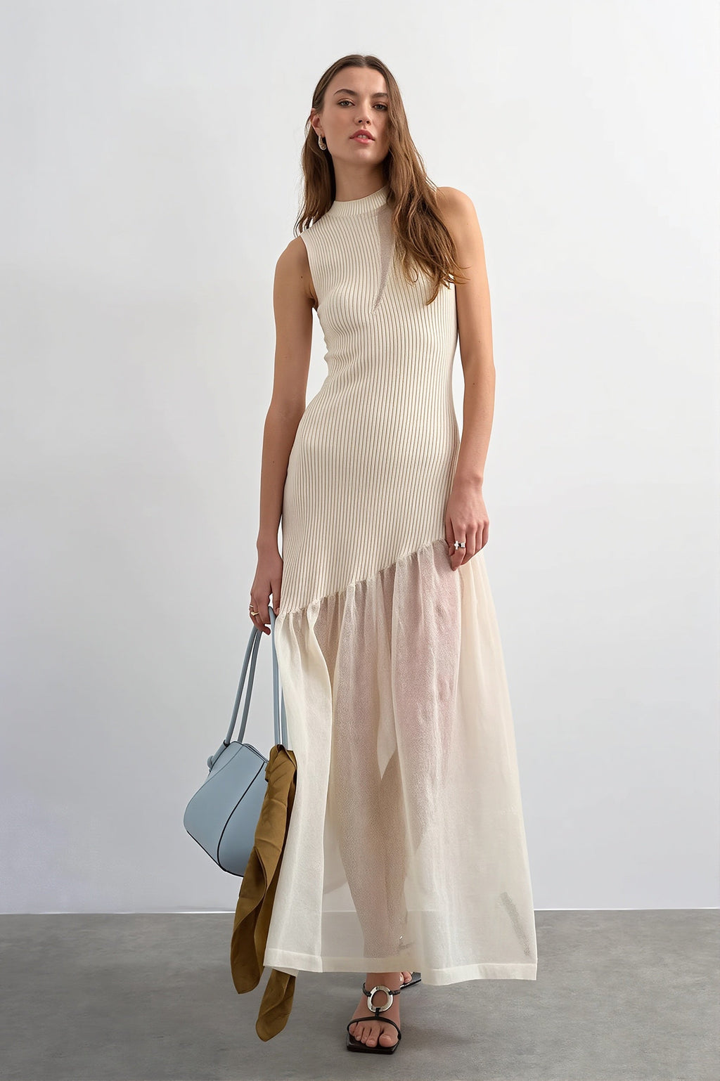 Ribbed Knit Mesh Splice Maxi Dress