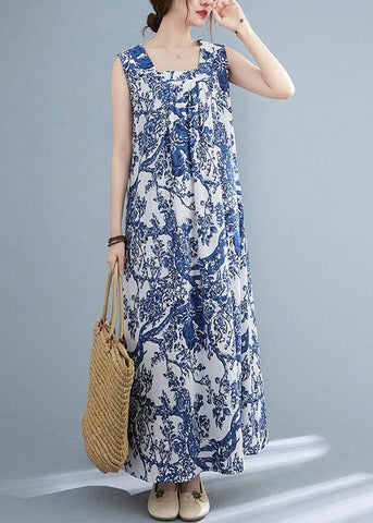 DIY Blue Loose Print V Neck Summer Vacation Dress Sleeveless
