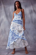 Deep V Ruffle Floral Lace Patchwork Cami Maxi Dress