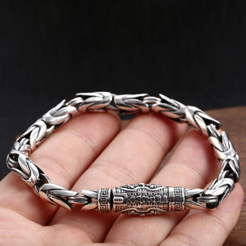 Sterling Silver Six Character Truth Vajra Clasp Byzantine Bracelet