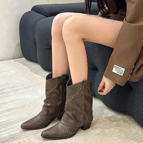 Damen Cowgirl-Stiefel, modisch, zum Reinschlüpfen, elegant, quadratischer Absatz, kurze Stiefel, Schuhe, Retro, Damen, Winterschuhe 