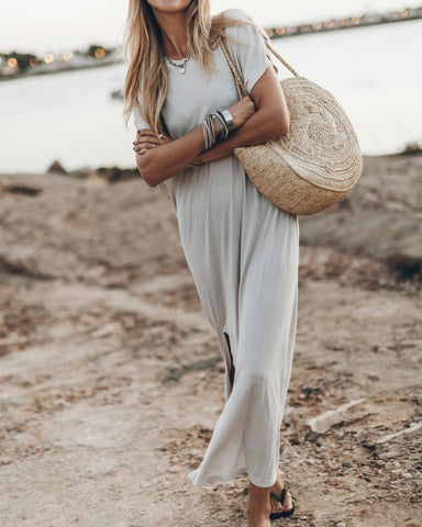 Simple and Effortless Open Sleeve Slit Oversized T-shirt Midi Dress