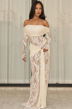 Chic Lace Trim Off Shoulder Long Sleeve Wrap Maxi Dress