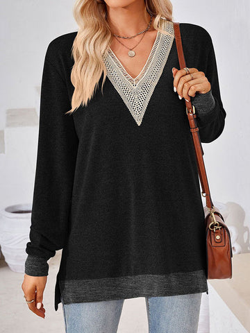 Long Sleeves Loose Hollow Split-Joint Split-Side V-Neck T-Shirts Tops