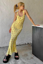 Casual U Neck Floral Print Ruched Cami Maxi Dress