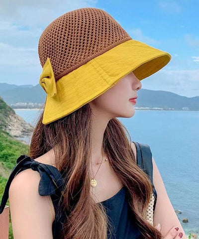 Nuevo sombrero de pescador con lazo de patchwork ahuecado y sombreado en amarillo 