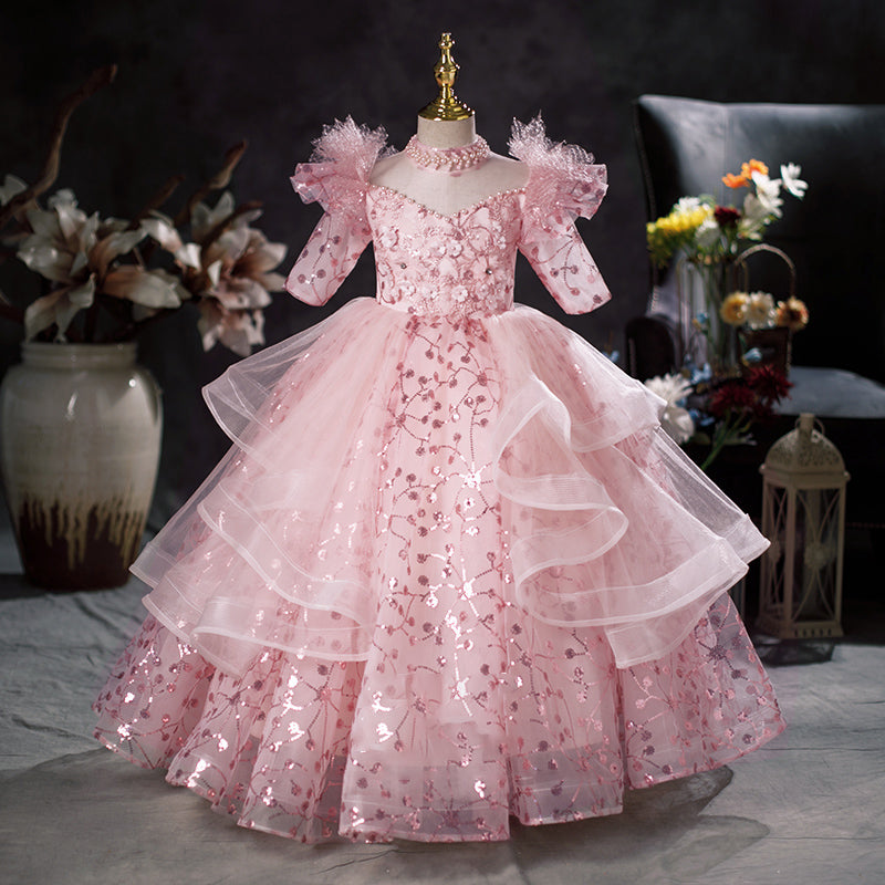 Blumenmädchenkleid, Kinder-Oster-Kommunionkleid, Sommerkleid in Rosa mit Pailletten, Prinzessinnenkleid 