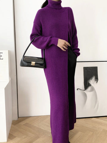 Originales lockeres, einfarbiges Pulloverkleid mit Schlitz vorne 