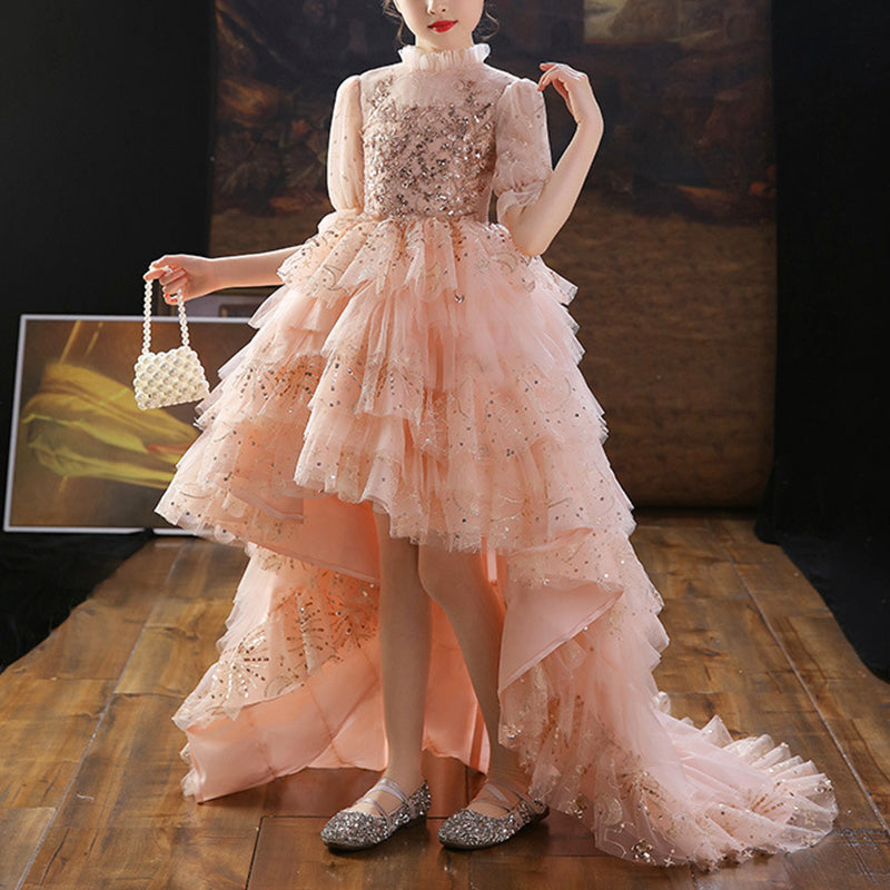 Mädchen Sommerkleid Rosa Pailletten Schleppe Prinzessin Festzug Geburtstag Kommunion 