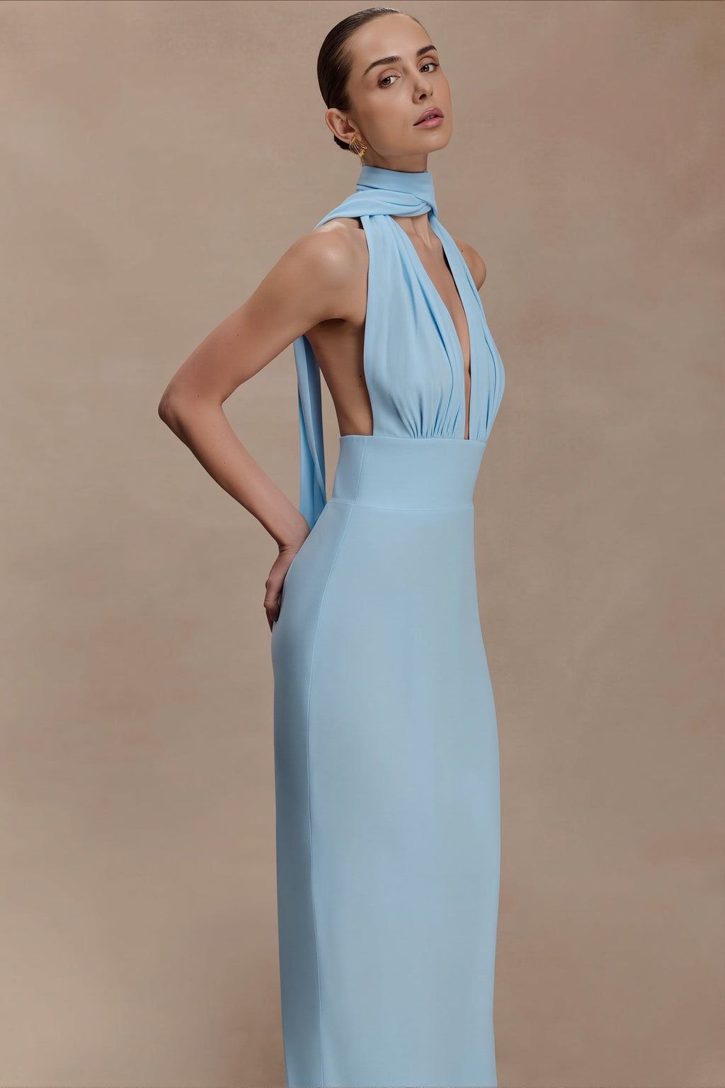 Polka Dot Deep V Tie Bodycon Maxi Dress