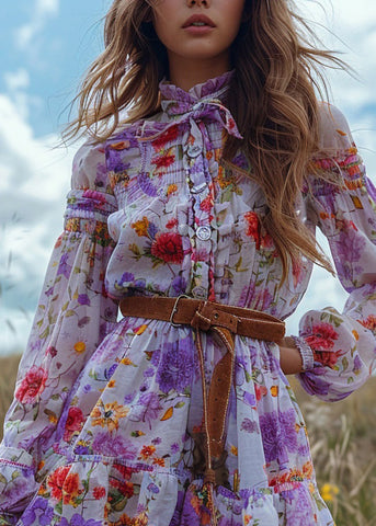 Bohemian Pastoral Style Floral Rüschen Patchwork Minikleid Langarm 