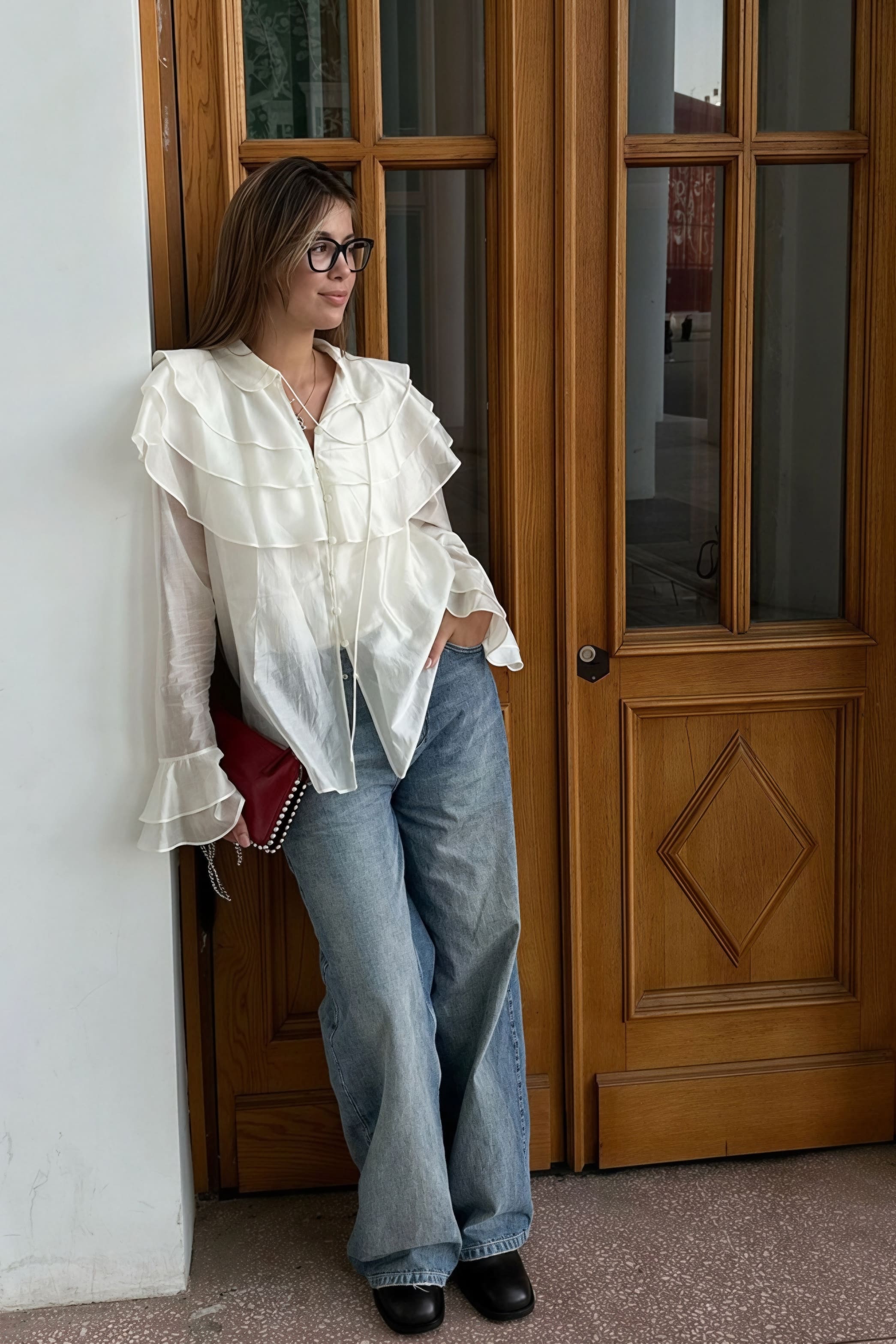 Ruffled Flare Sleeve Tencel Chiffon Blouse