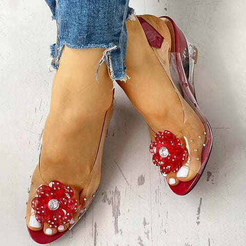 Rote Slingback-Sandalen mit Blumen- und Strasssteinen 