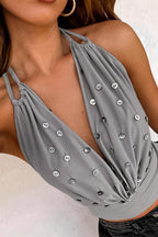 Solid Deep V Button Crop Halter Top