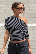 Striped One Shoulder Slim T-shirt