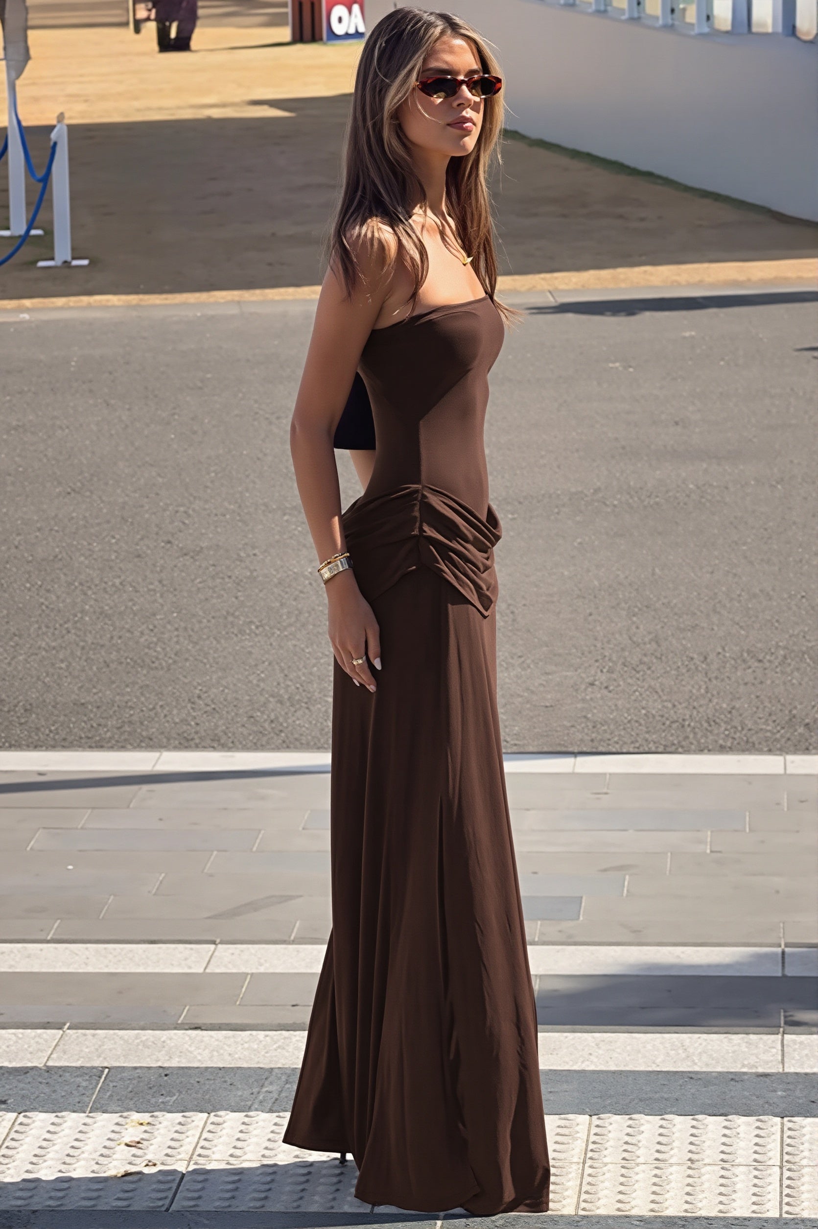 Chic Solid Strapless Ruched Side Slip Maxi Dress
