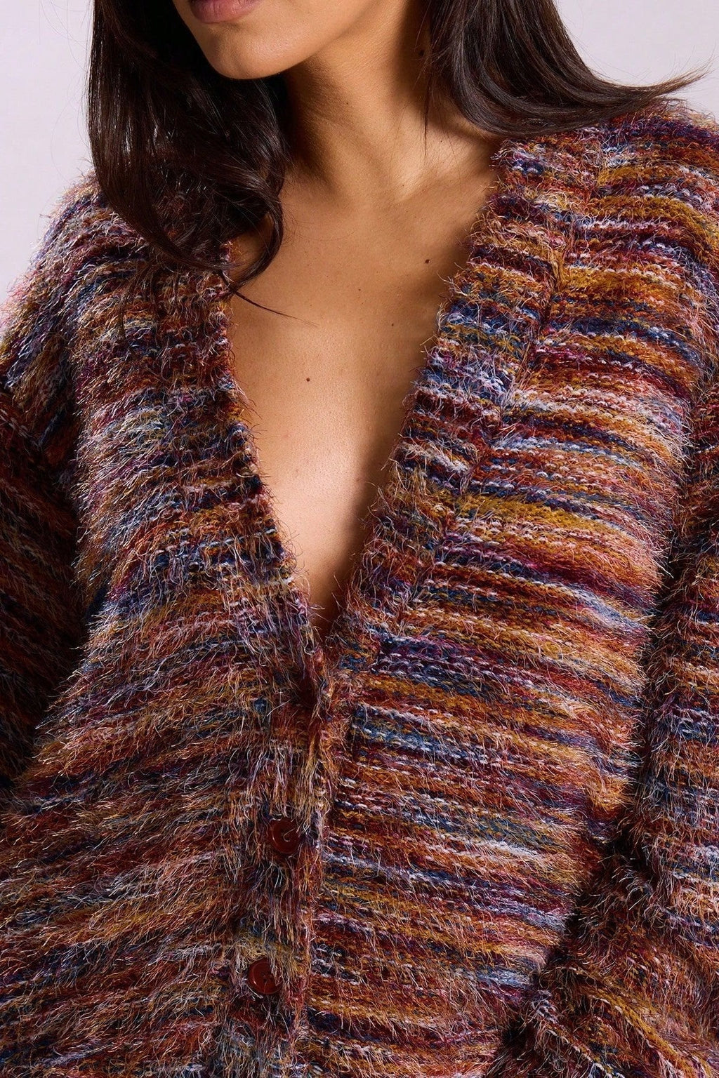 New Retro Fashion Deep V-Neck Maillard Plush Long-Sleeve Knit Cardigan