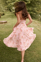 Chic Print Halter Neck V Neck Sheer Mesh Backless Midi Dress