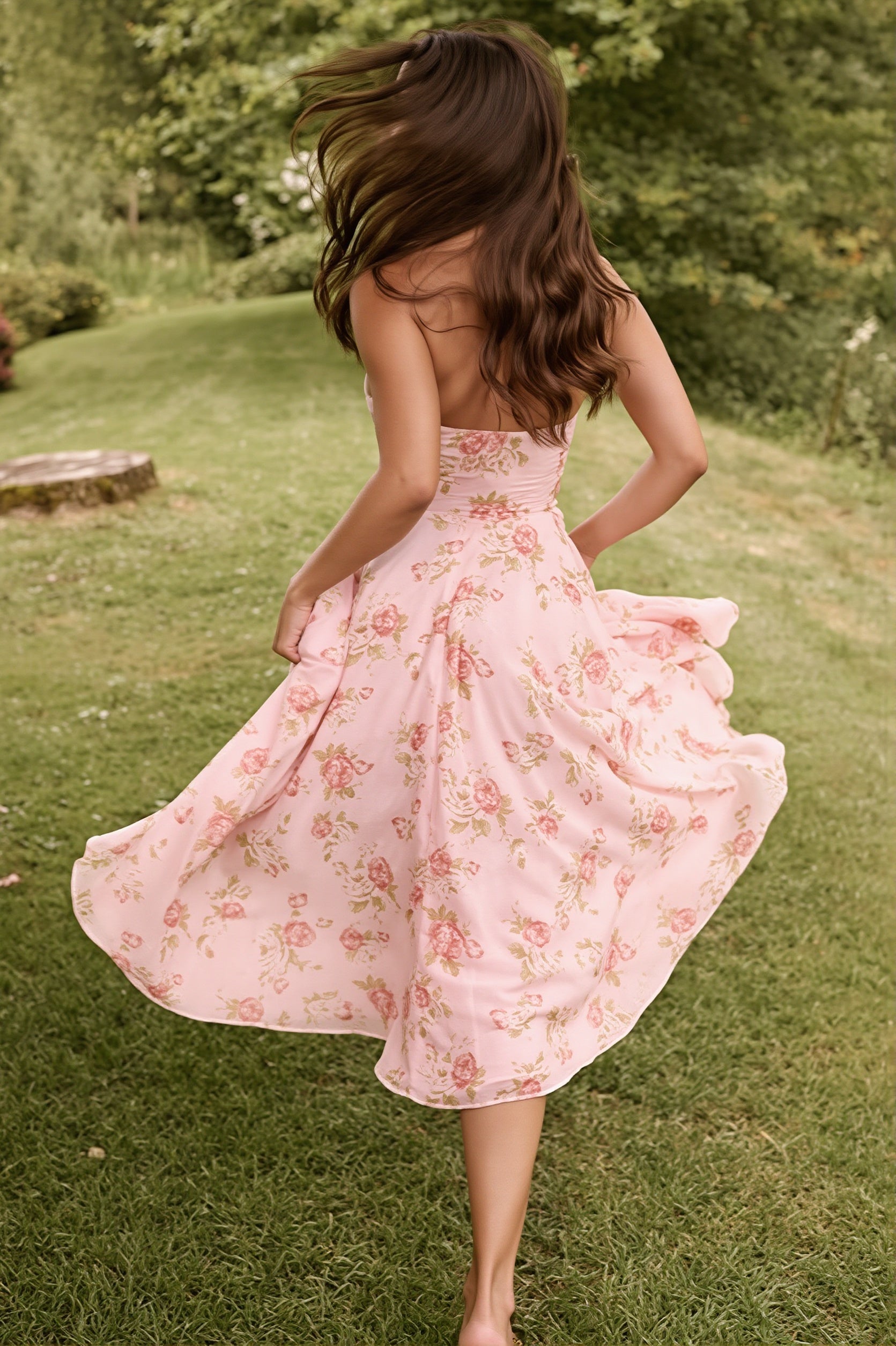 Chic Print Halter Neck V Neck Sheer Mesh Backless Midi Dress