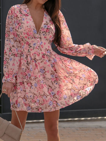 Minikleider Rosa Blumendruck Langarm Kurzes Kleid 