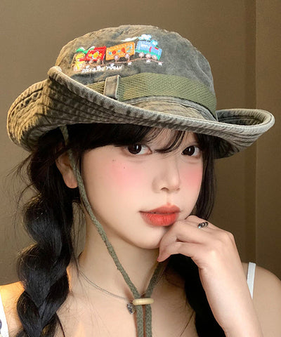 Nuevo sombrero de vaquero retro verde militar bordado con aleros grandes 
