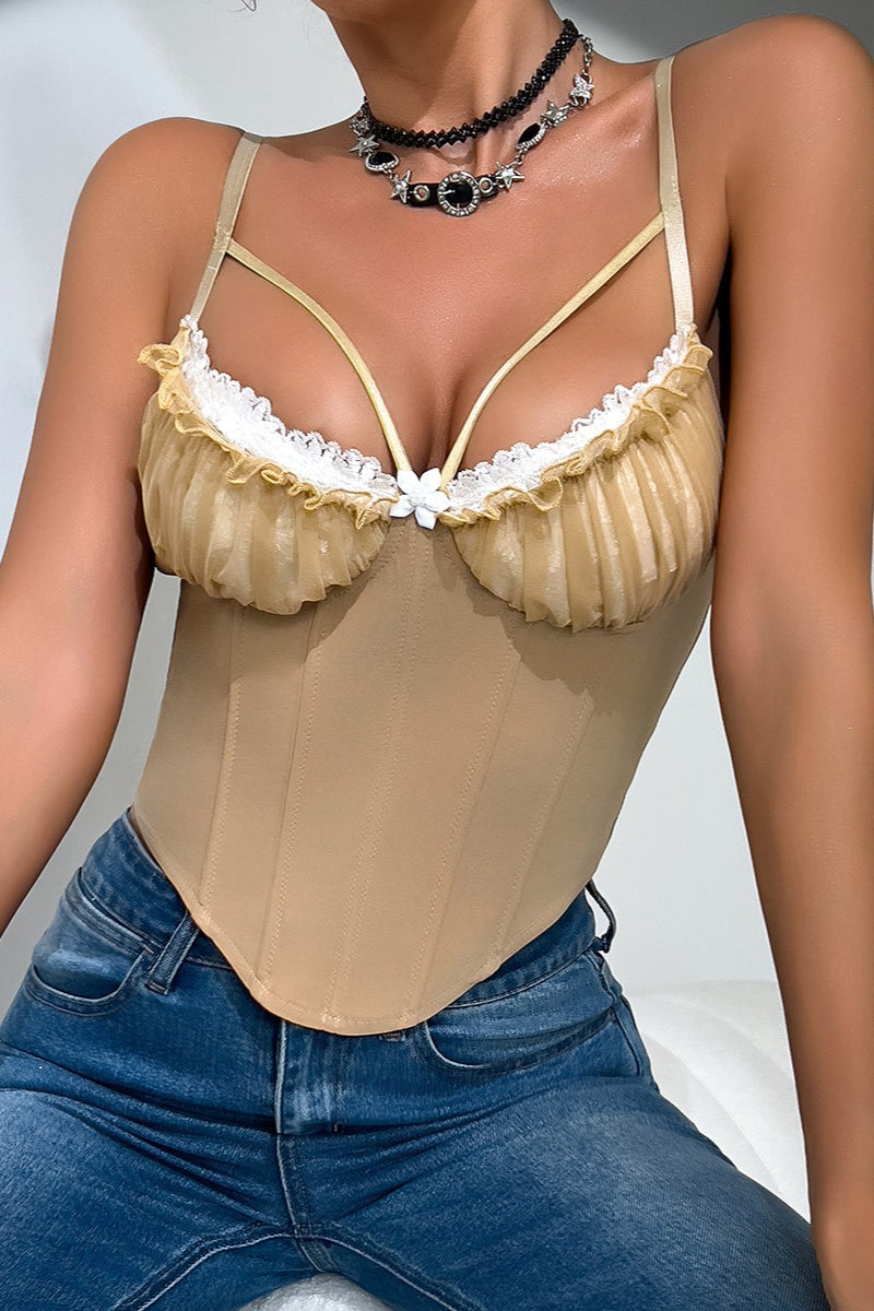 Sheer Mesh Lace Panel Padded Backless Boned Cami Top