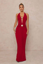 Deep V Halter Ruched Metal Trim Backless Maxi Dress