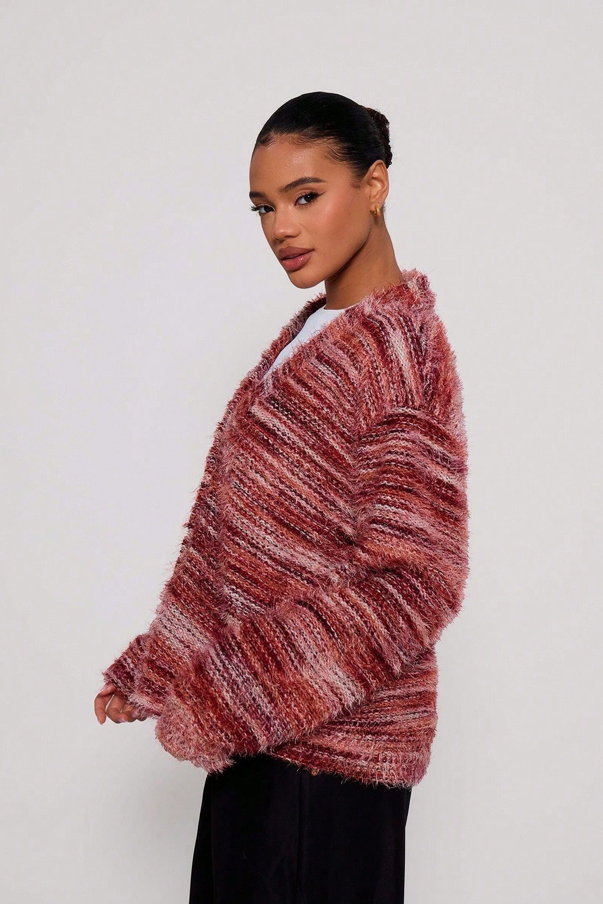 New Retro Fashion Deep V-Neck Maillard Plush Long-Sleeve Knit Cardigan