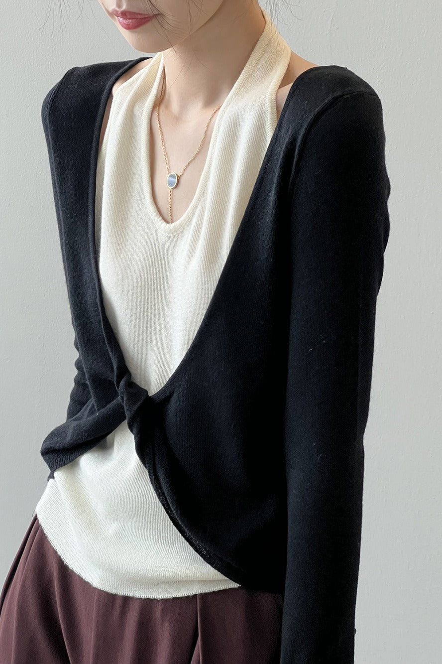 Patchwork Layered Halter Long Sleeve Tee