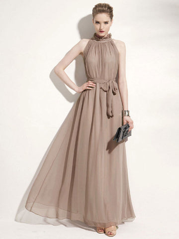 Summer Dress Maxi Dresses Purple Jewel Neck Lace Up Chiffon Beach Dress