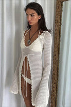 Solid Sexy V Neck Tie Knit Hollow Blouse