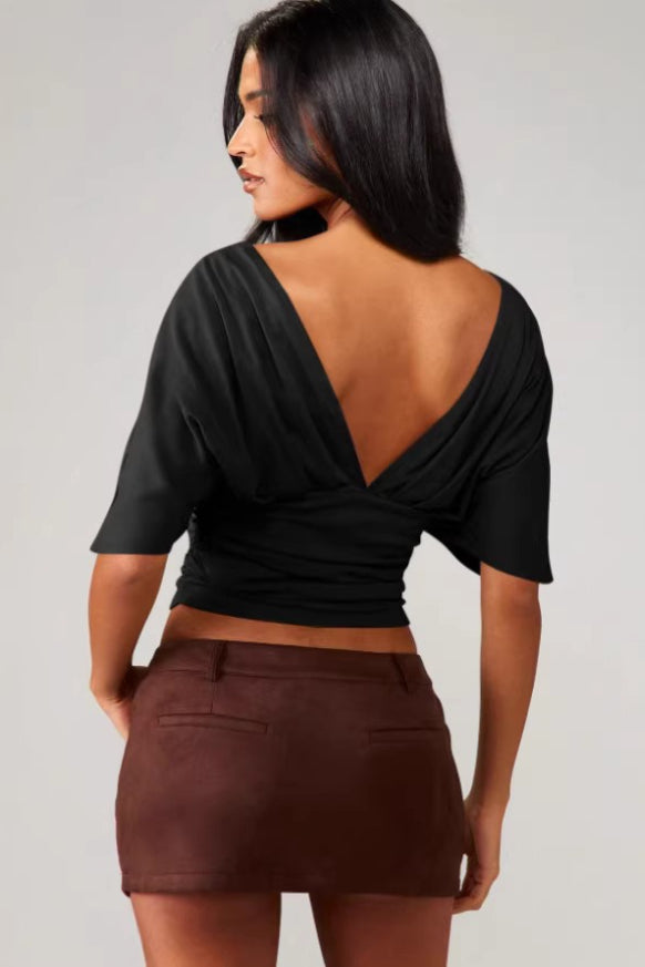 Chic Deep V Neck Knot Front Ruched Crop T-shirt