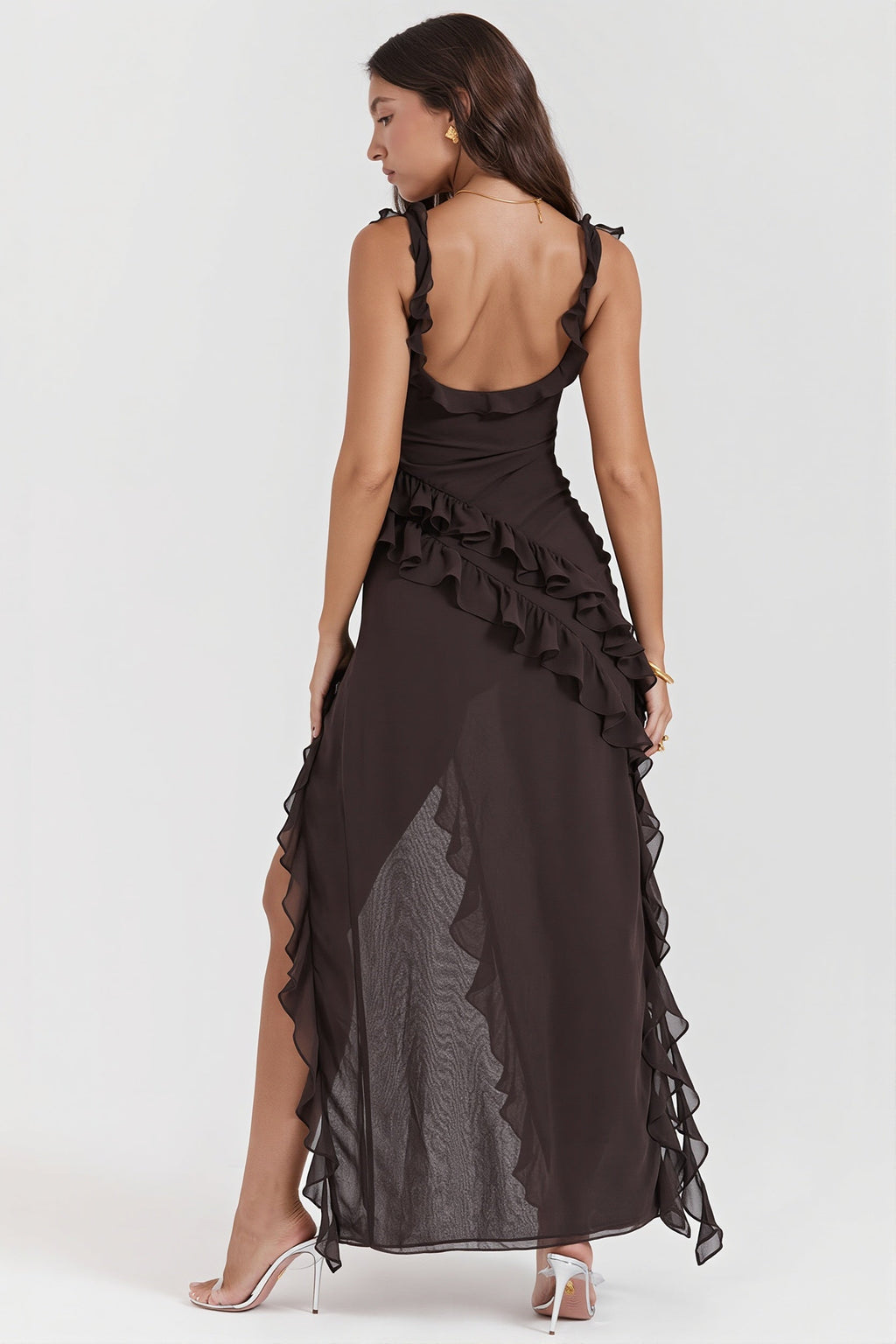 Ribbon Ruffle Splice Slit Maxi Dress