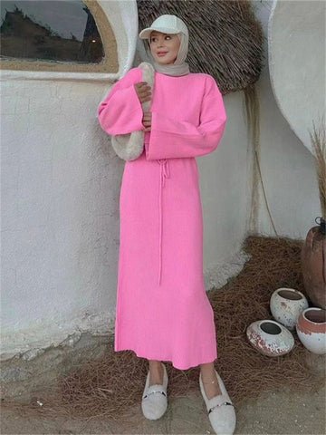 Tossy Knitwear Lace-Up Casual Dress Sweater For Women Ribbed Fashion Bandage Elegant Knit Autumn Dress Ladies Bandage Dress New