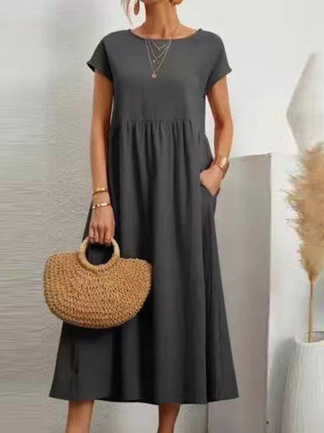 Vestidos midi holgados de manga corta, plisados, de color liso y cuello redondo 