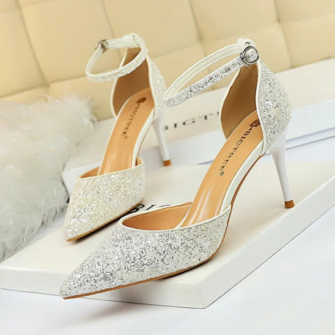 summer new European style stiletto heels shallow mouth pointed head sequins sexy nightclub show thin sandals for women