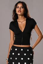 V Neck Button Elastic Slim Crop Blouse