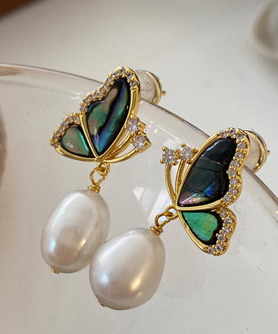 New Gold Sterling Silver Overgild Pearl Butterfly Drop Earrings
