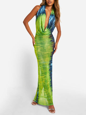 Vestido largo de malla con efecto tie-dye y cuello vuelto color lima 