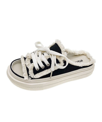 Schwarze Plateau-Canvas-Sandalen mit lässigem Spleißen und Schnürung 