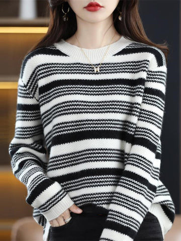 Casual Loose Long Sleeves Striped Round-Neck Sweater Tops