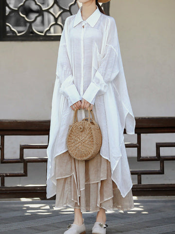Loose Raglan Sleeve See-Through Solid Color Split-Joint Split-Side Lapel Blouses