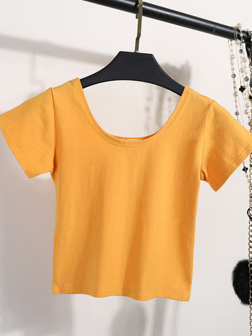Solid Crop Top Women T-shirt Cropped Slim High Waist Short Sleeve Basic Summer Clothes Tops Woman Free Shipping Tee