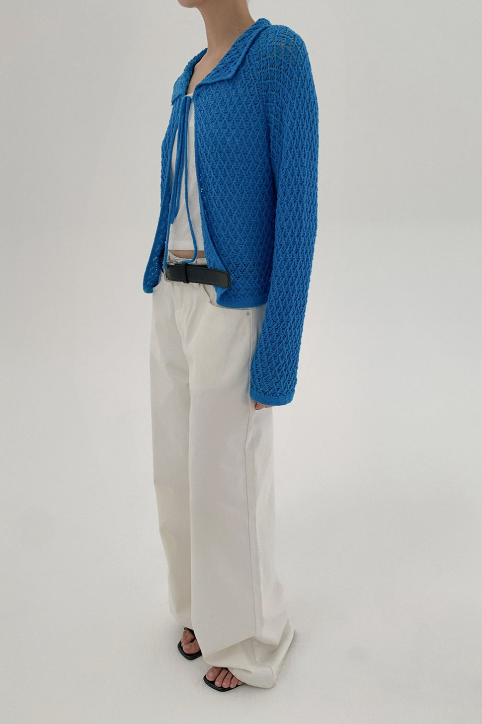 Hollow-Out Collared Tie-Waist Long-Sleeve Short Knit Cardigan