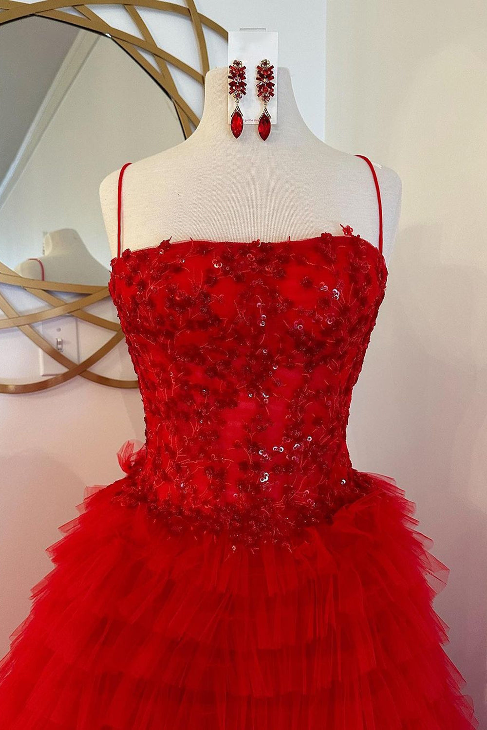 Princess A Line Spaghetti Straps Red Long Prom Dress with Ruffles Appliques