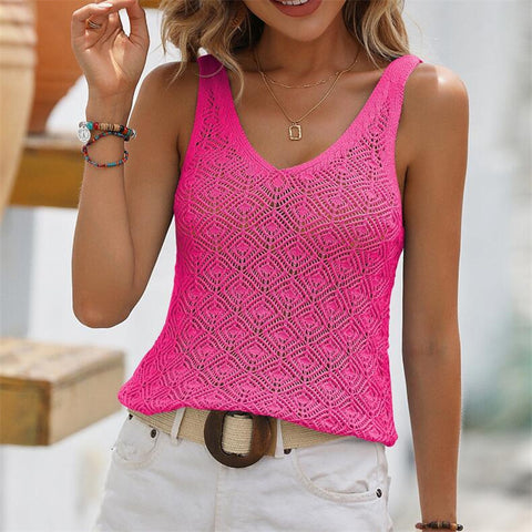 Camisetas sin mangas con cuello en V y aberturas en color liso para mujer 