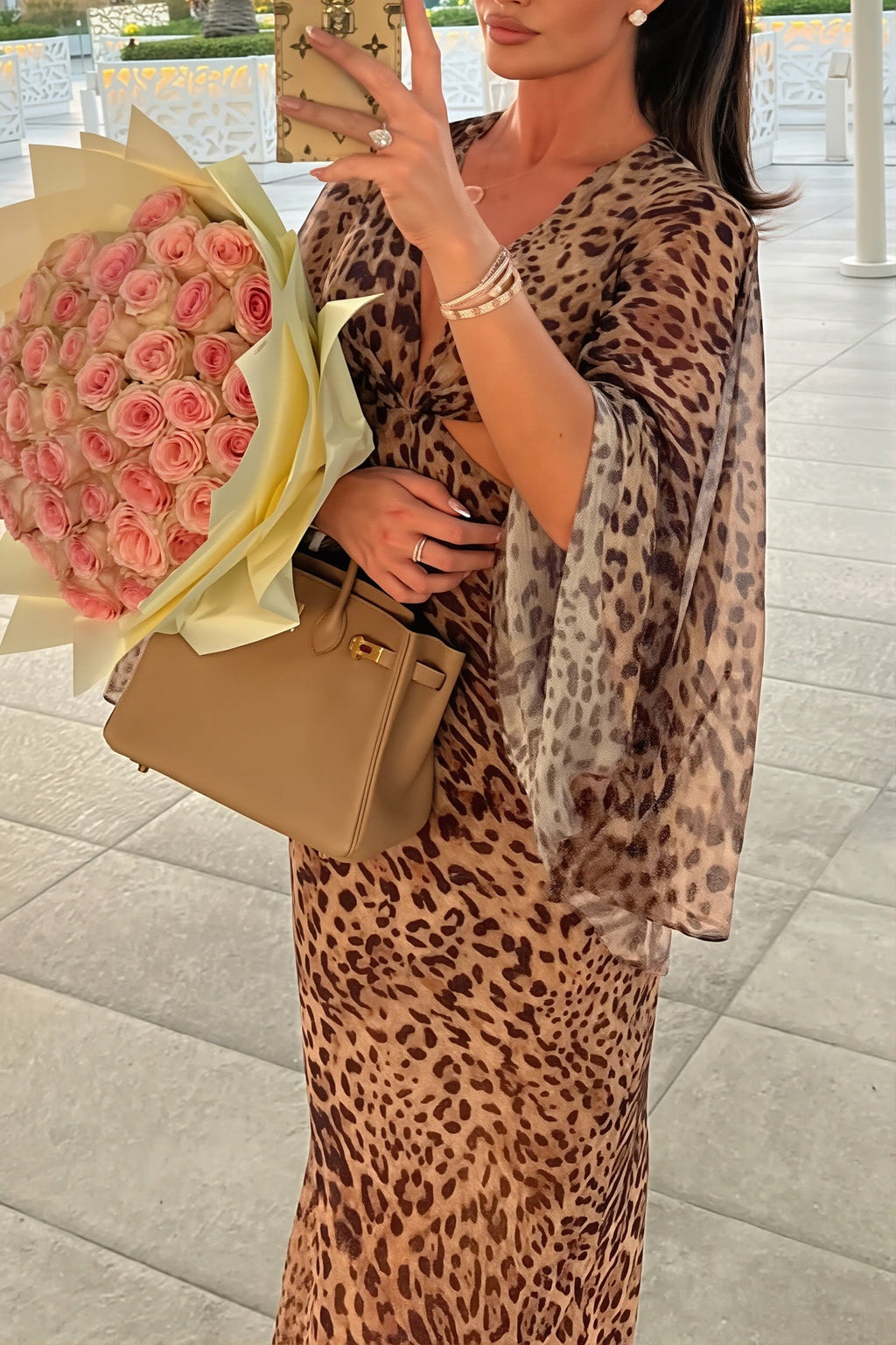 Hollow Out Leopard Flare Slit Maxi Dress